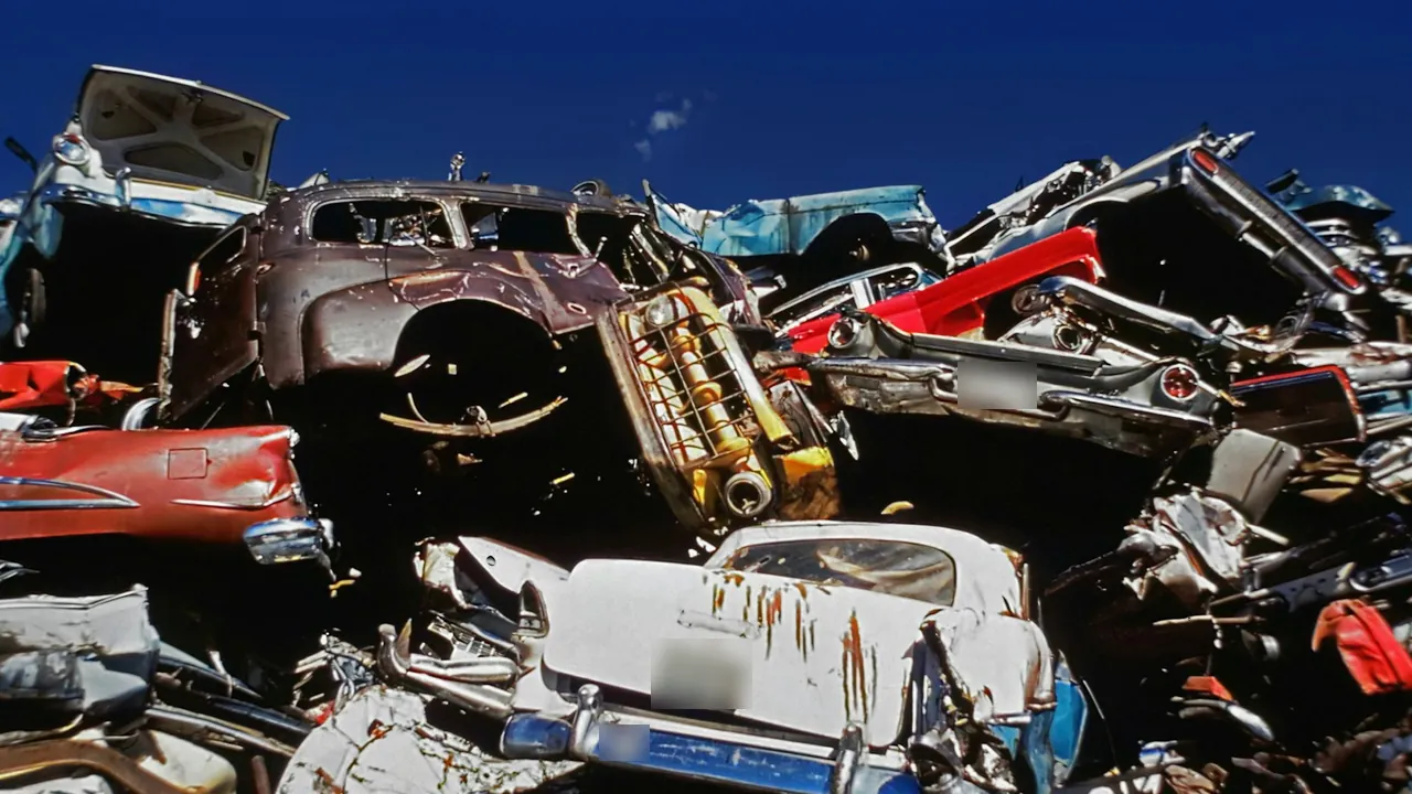 Pile of old cars stacked at an auto salvage yard