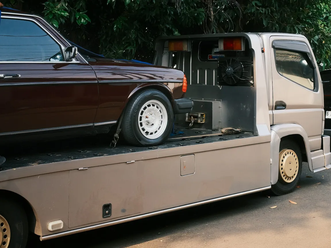 Older dark red sedan strapped onto a flatbed tow truck parked on a tree-lined street