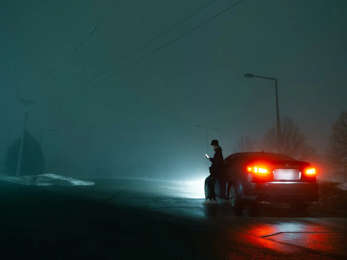 Driver standing beside a stopped car on a foggy road at night